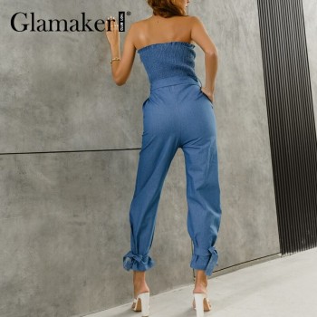 Glamaker Denim off shoulder blue spring summer long jumpsuits with belt Casual lace up ruffles office ladies workout 2021 new